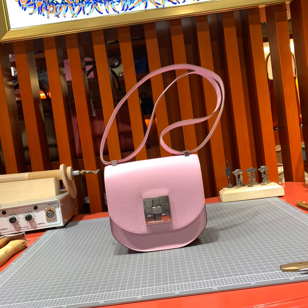 爱马仕马赛克包 Hermes Mosaique17cm X9锦葵紫掌纹牛皮斜挎女包 银扣