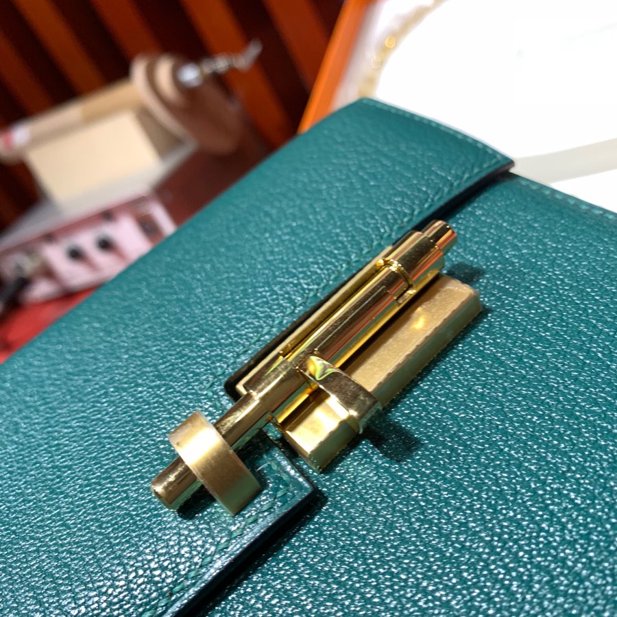 现货 Hermes爱马仕Z6孔雀绿山羊皮手枪包Verrou17CM 最新D刻金扣
