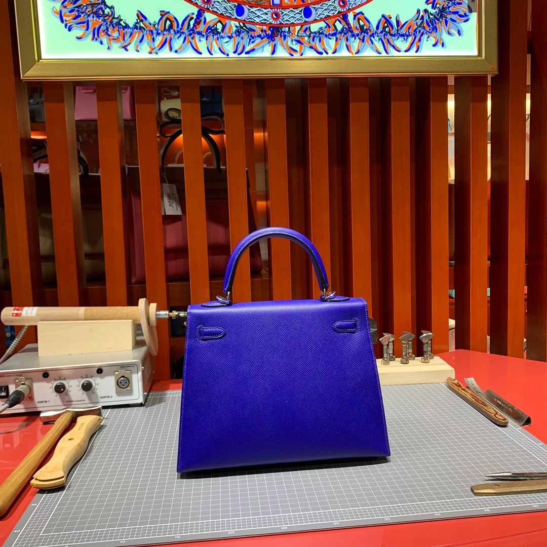 现货 Hermes Kelly25CM 爱马仕电光蓝掌纹牛皮凯莉包 金银扣