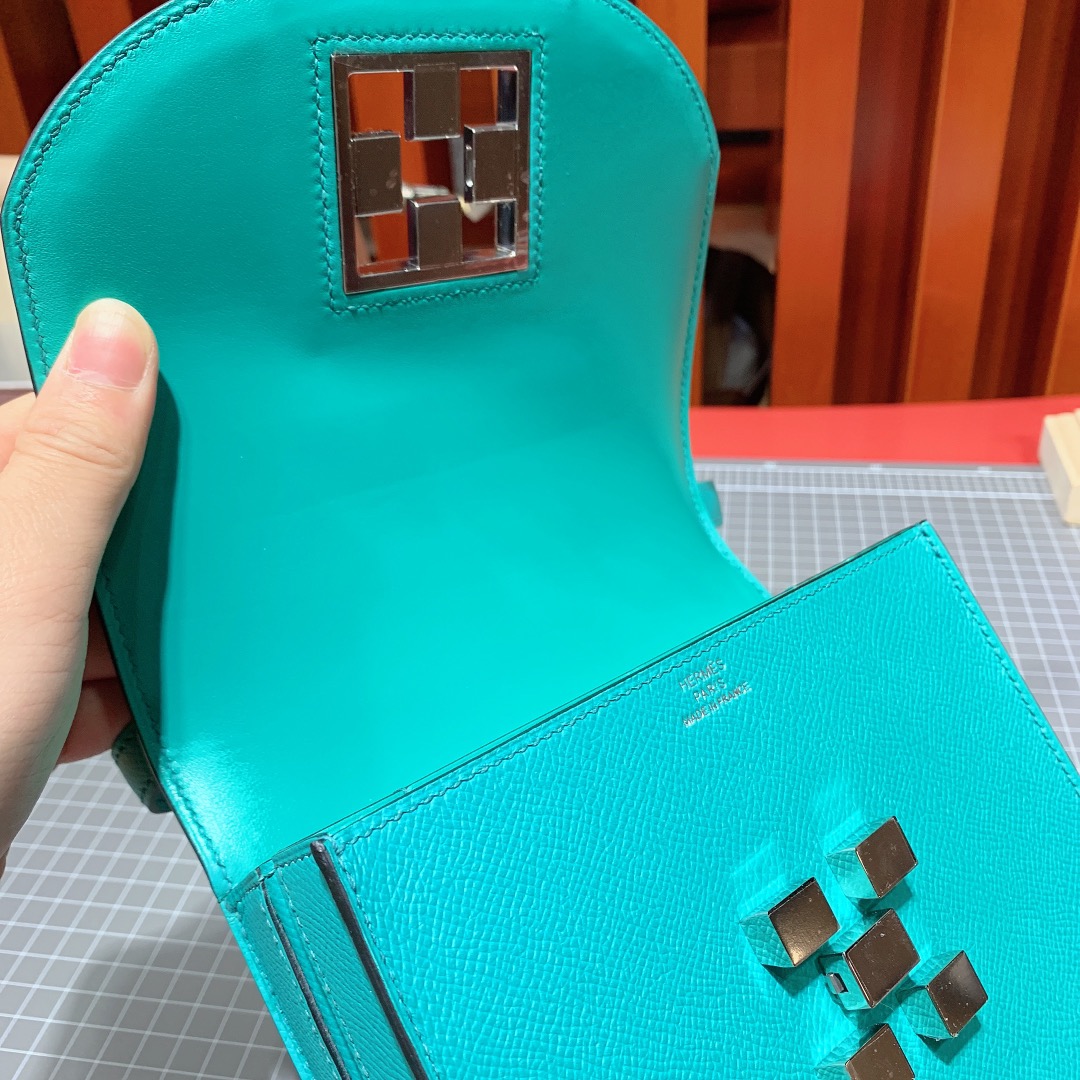 爱马仕马赛克包 Hermes原厂Epsom皮Mosaique17CM 7F孔雀蓝 银扣
