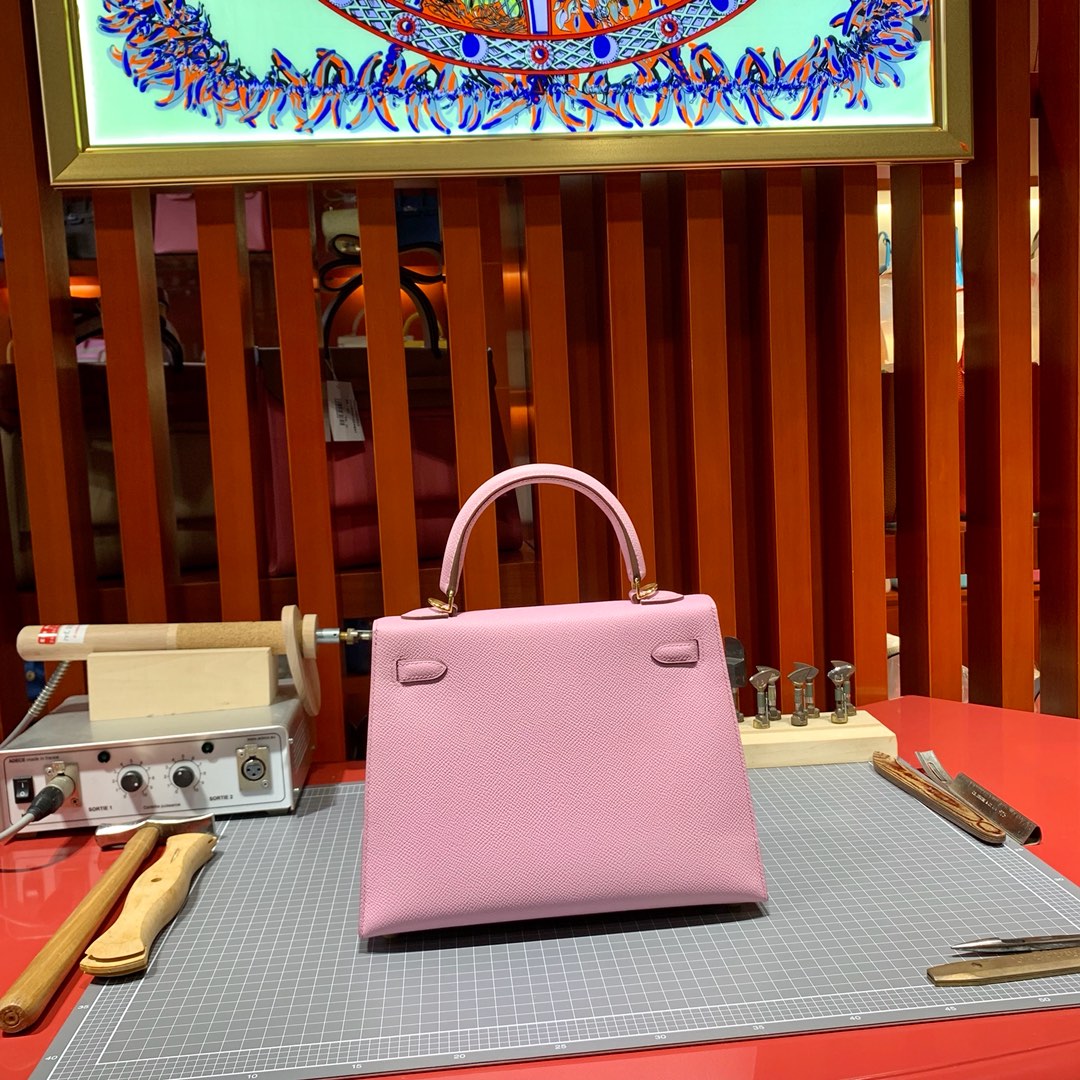 现货 爱马仕Kelly包包25CM Hermes锦葵紫Epsom皮凯莉包外缝 金扣