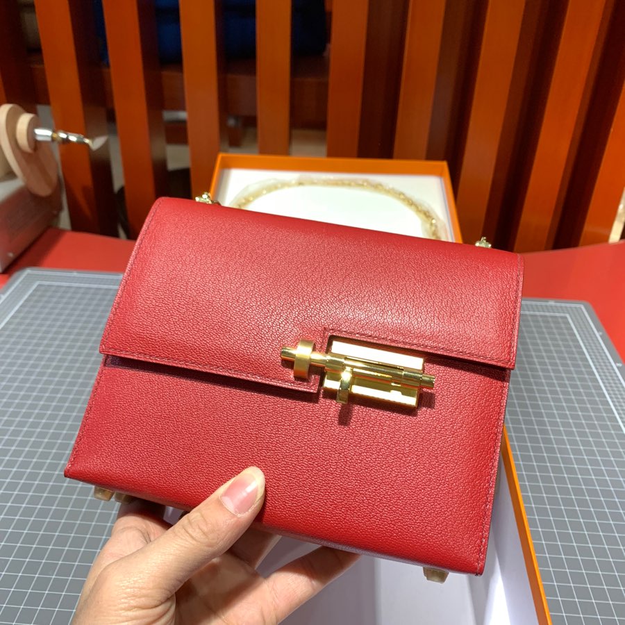 现货 Hermes Verrou17CM 爱马仕Q5国旗红顶级山羊皮手枪包 最新金扣