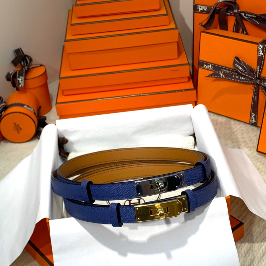 现货 Hermes Kelly腰带 爱马仕Epsom皮玛瑙蓝凯莉腰带 金扣/银扣