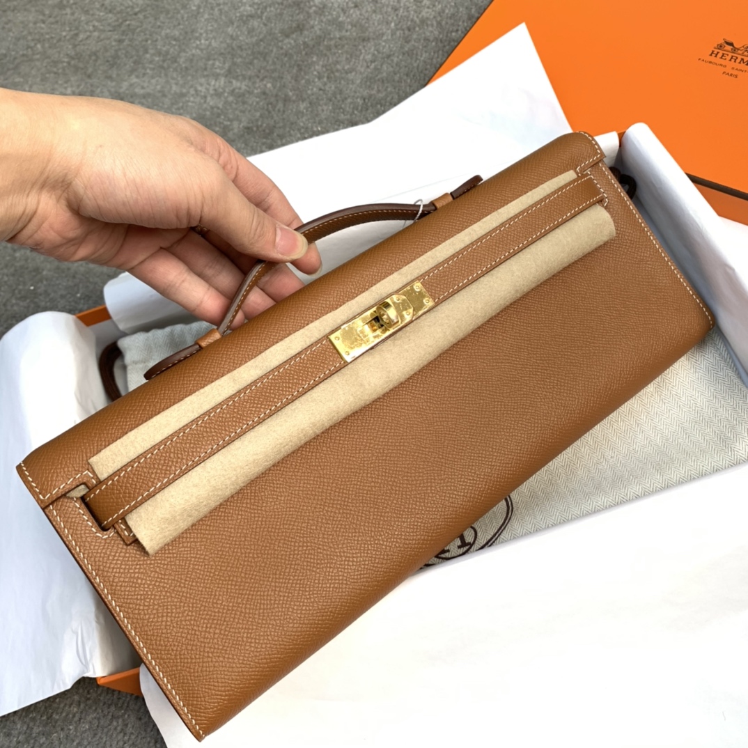 爱马仕女士手包 Hermes Kelly Cut土黄色掌纹牛皮晚宴包 金扣