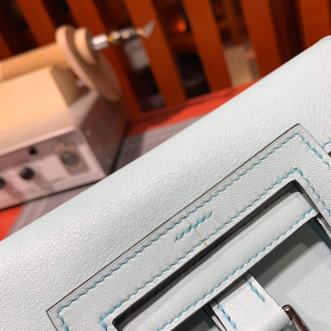 Hermes女包价格 爱马仕U2微风蓝进口Swift牛皮mini Halzan包包 银扣