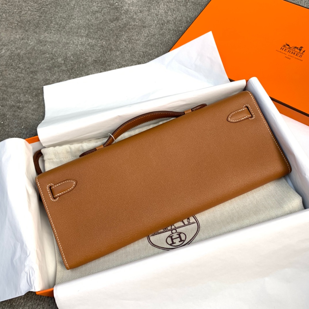爱马仕女士手包 Hermes Kelly Cut土黄色掌纹牛皮晚宴包 金扣