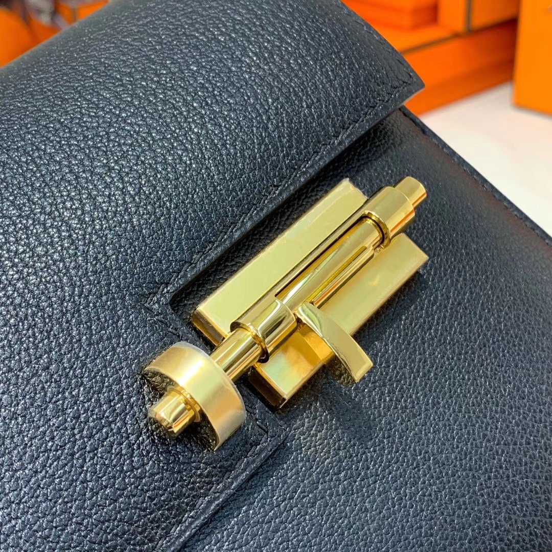 Hermes Verrou17CM 爱马仕黑色顶级山羊皮手枪包链条单肩斜挎女包 金扣