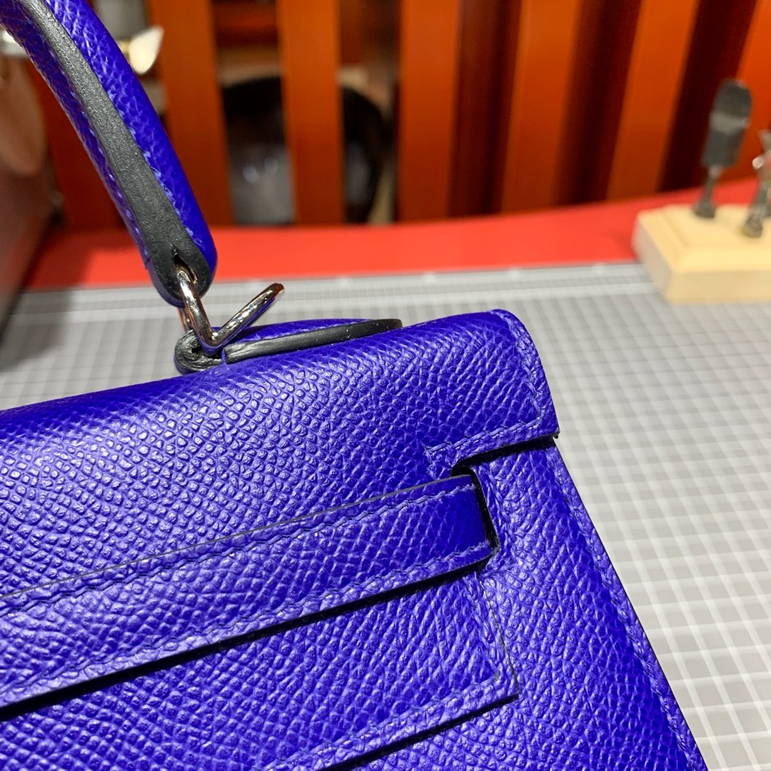 现货 Hermes Kelly25CM 爱马仕电光蓝掌纹牛皮凯莉包 金银扣