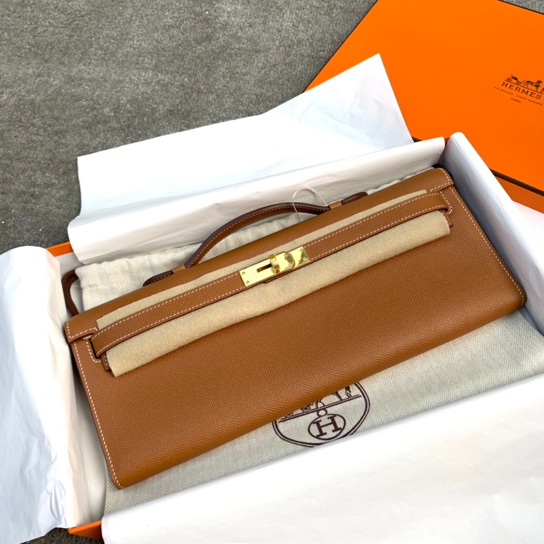 爱马仕女士手包 Hermes Kelly Cut土黄色掌纹牛皮晚宴包 金扣