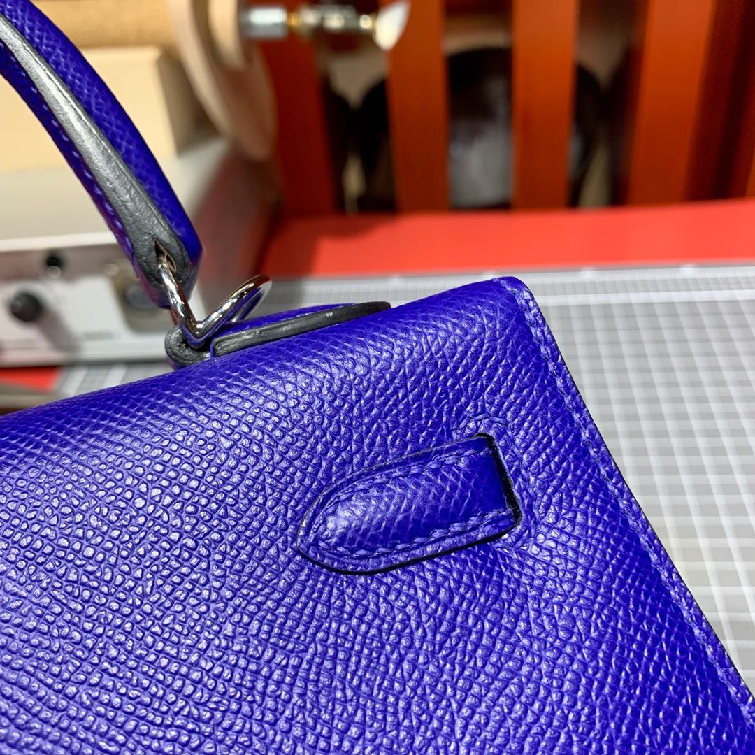 现货 Hermes Kelly25CM 爱马仕电光蓝掌纹牛皮凯莉包 金银扣