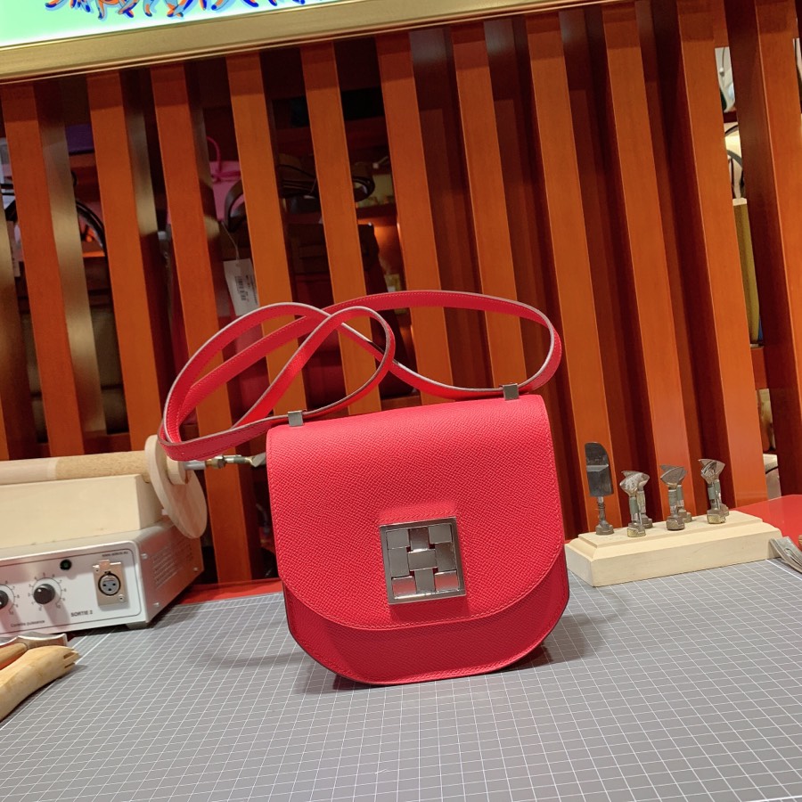 Hermes Mosaique17CM 爱马仕S3心红色手掌纹牛皮马赛克包 银扣