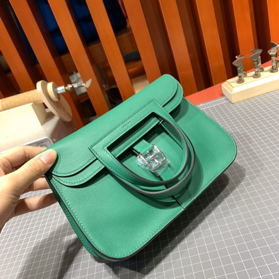 Hermes mini Halzan 爱马仕U4丝绒绿Swift牛皮新款手提斜挎女包