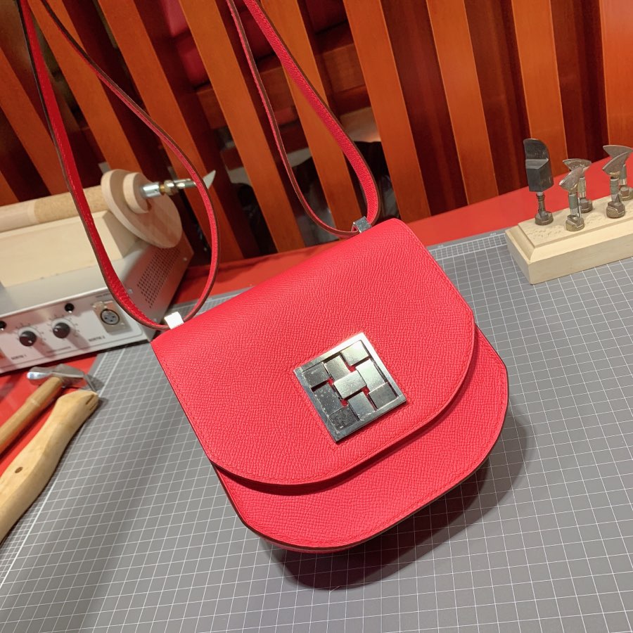 Hermes Mosaique17CM 爱马仕S3心红色手掌纹牛皮马赛克包 银扣