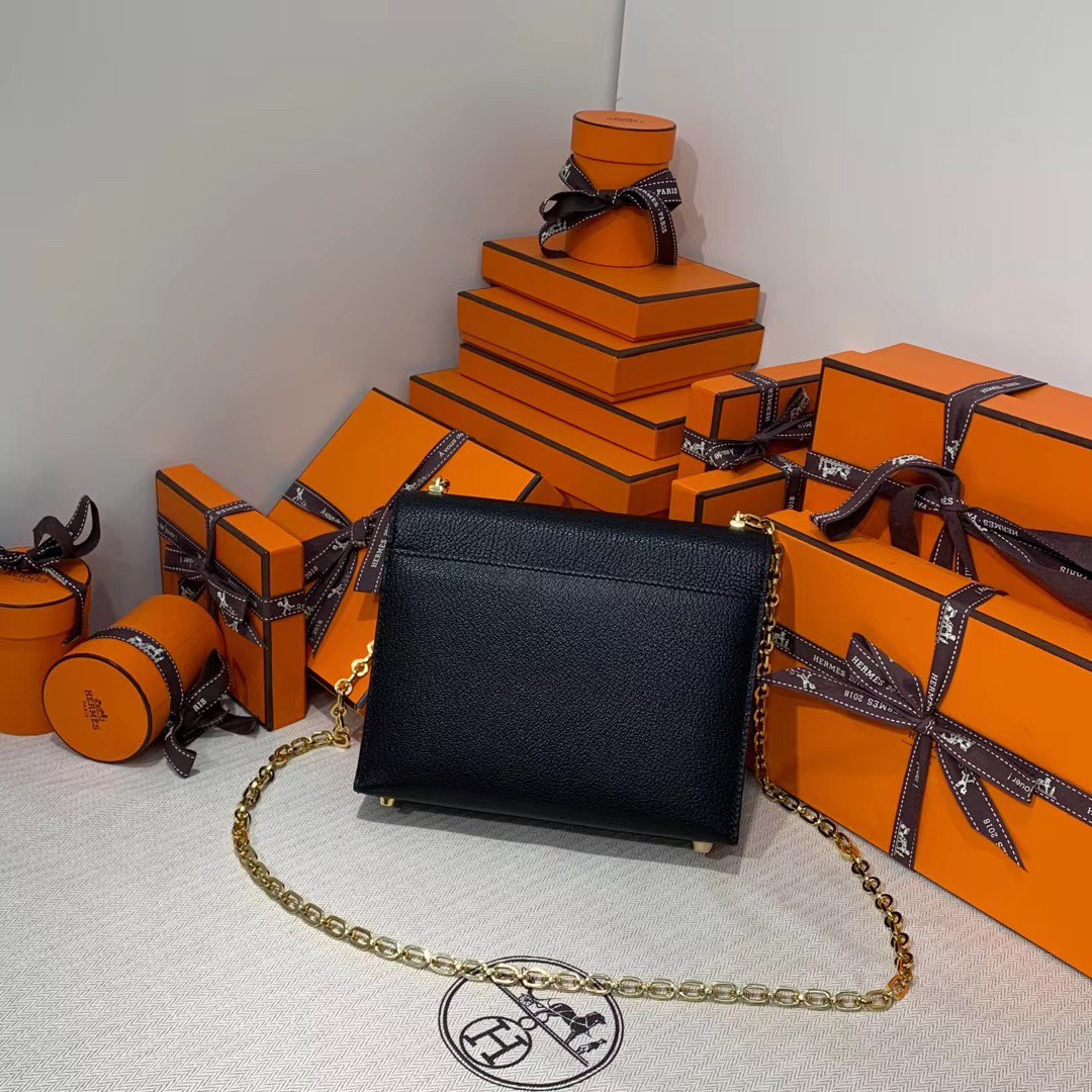 Hermes Verrou17CM 爱马仕黑色顶级山羊皮手枪包链条单肩斜挎女包 金扣
