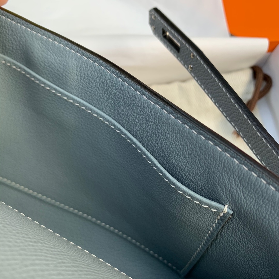 Hermes Kelly Cut 爱马仕亚麻蓝顶级Epsom皮凯莉手包晚宴包 银扣
