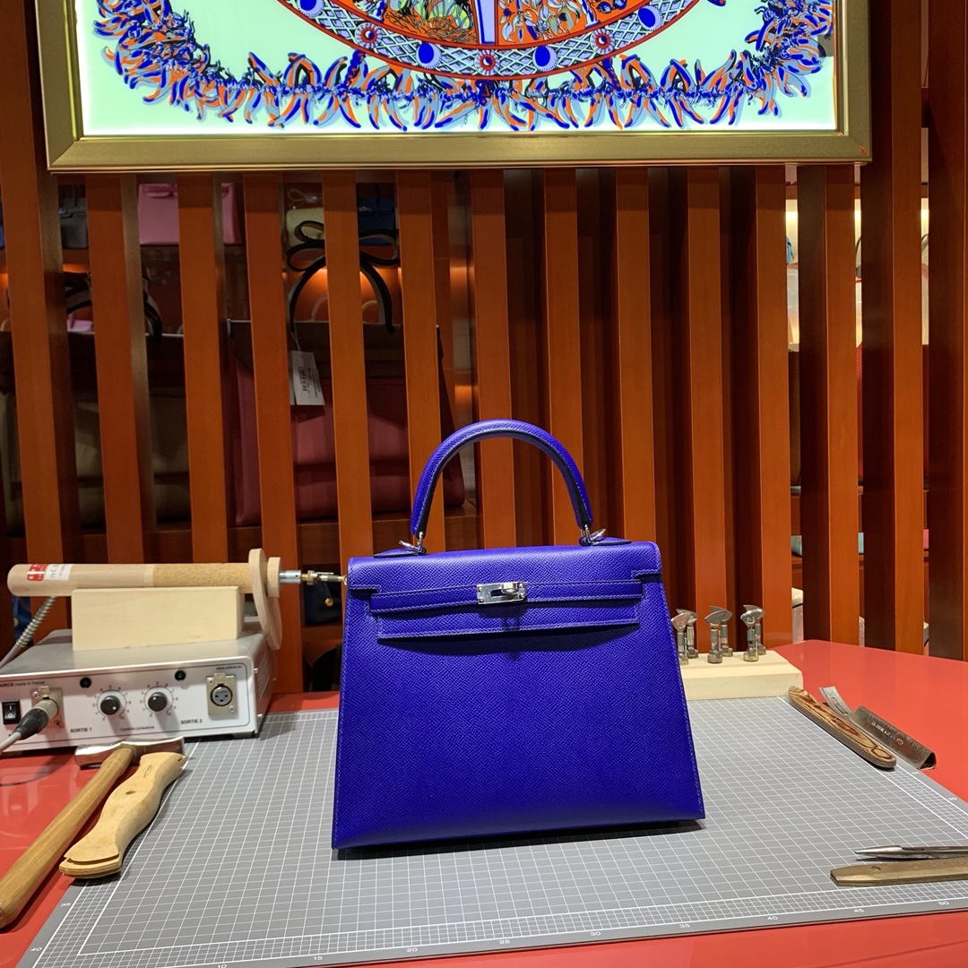 现货 Hermes Kelly25CM 爱马仕电光蓝掌纹牛皮凯莉包 金银扣