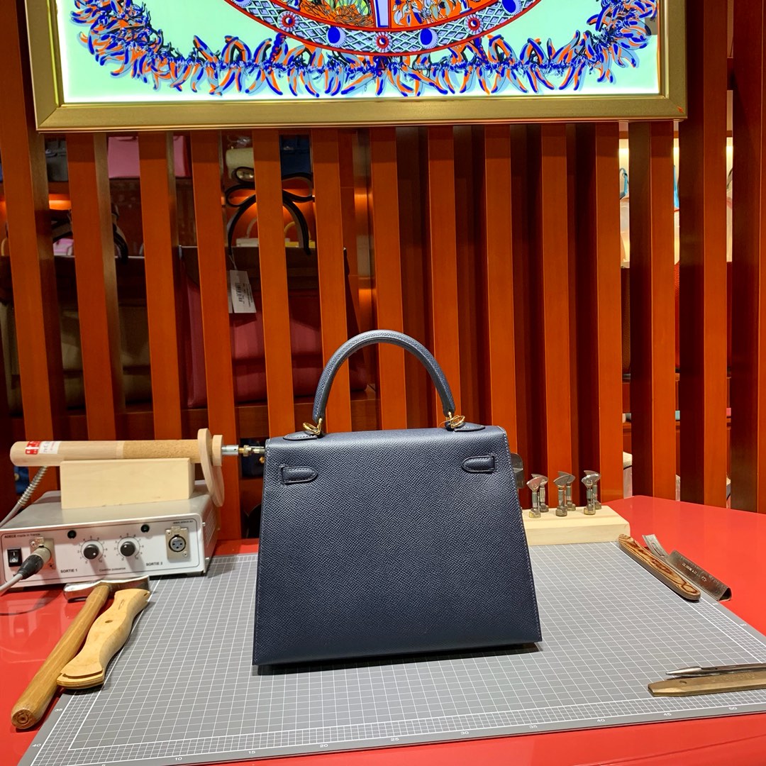 现货 爱马仕Kelly包包 Hermes午夜蓝Epsom皮Kelly25凯莉包 金银扣