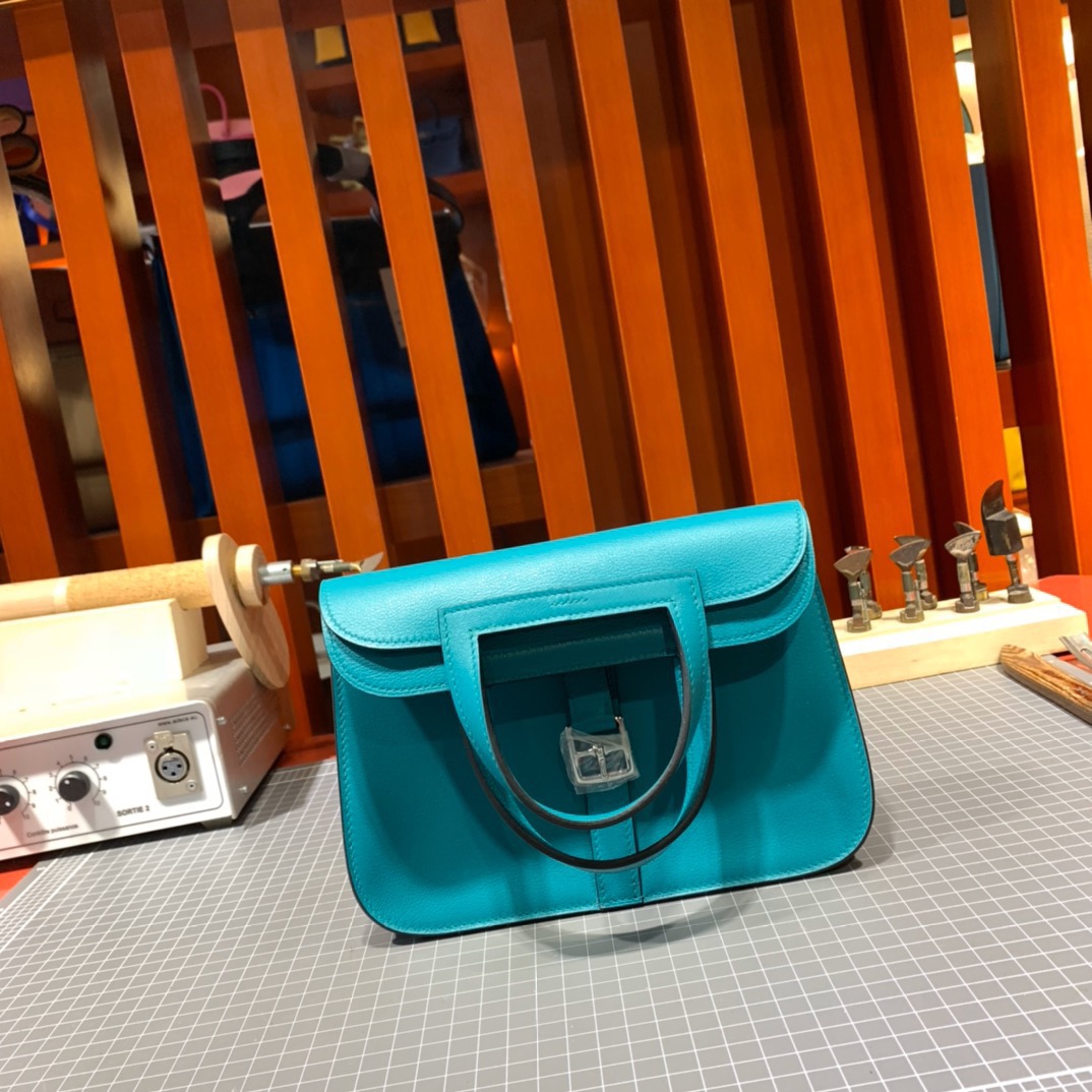 Hermes mini Halzan包包 爱马仕进口Swift牛皮蓝色新款手提女包 银扣