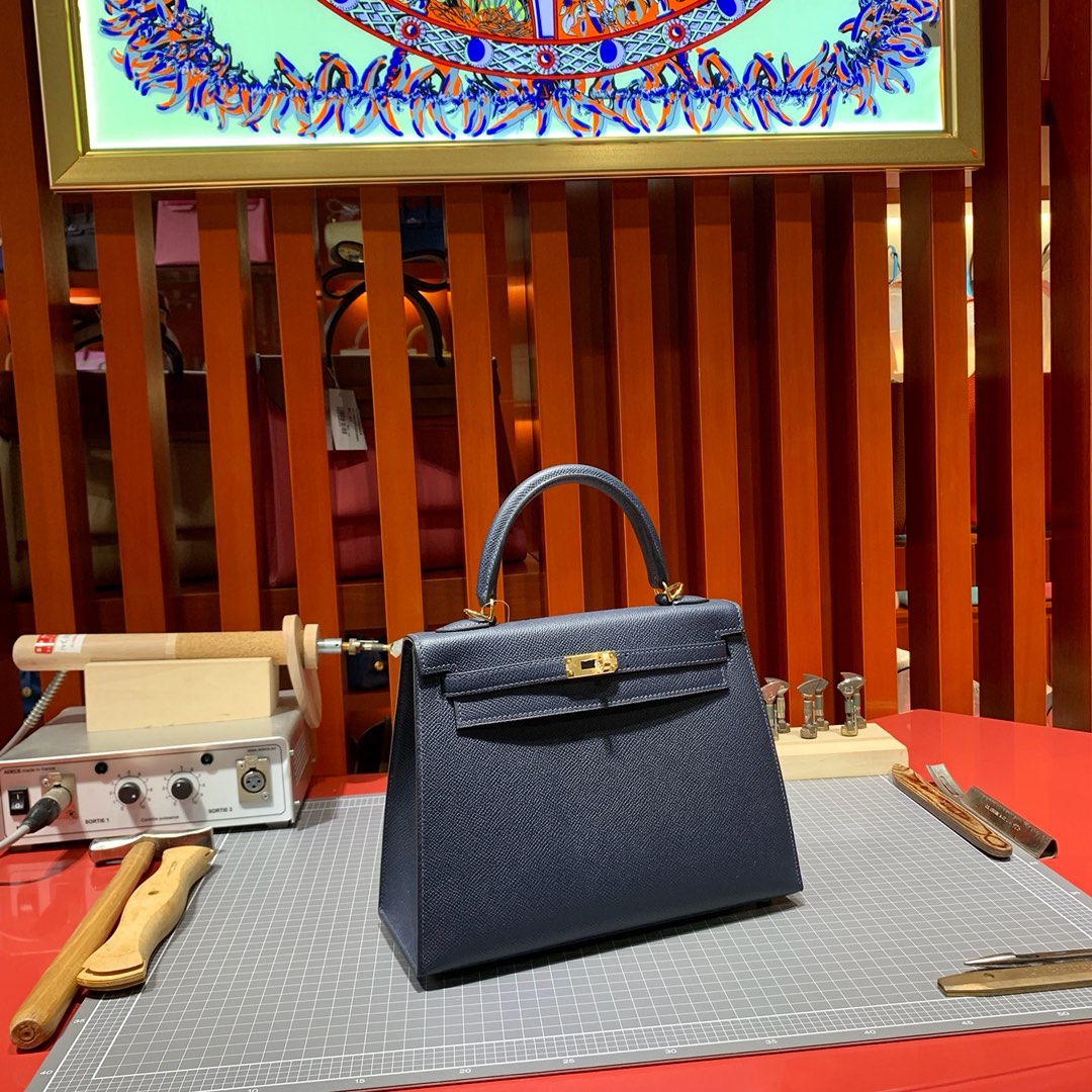 现货 爱马仕Kelly包包 Hermes午夜蓝Epsom皮Kelly25凯莉包 金银扣