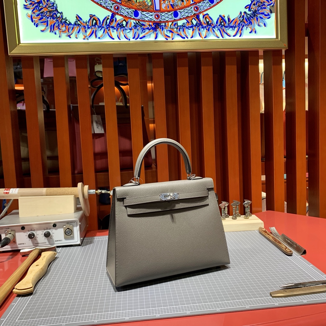 现货 爱马仕凯莉包尺寸 Hermes Kelly25cm 铁灰色掌纹牛皮 银扣