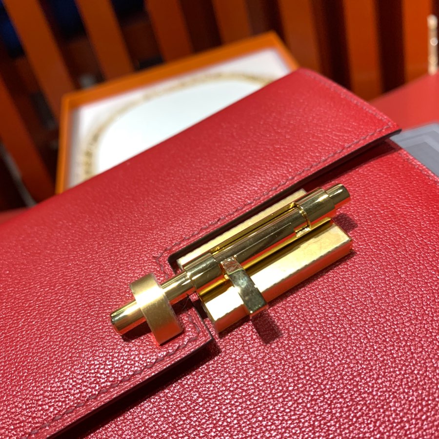 现货 Hermes Verrou17CM 爱马仕Q5国旗红顶级山羊皮手枪包 最新金扣