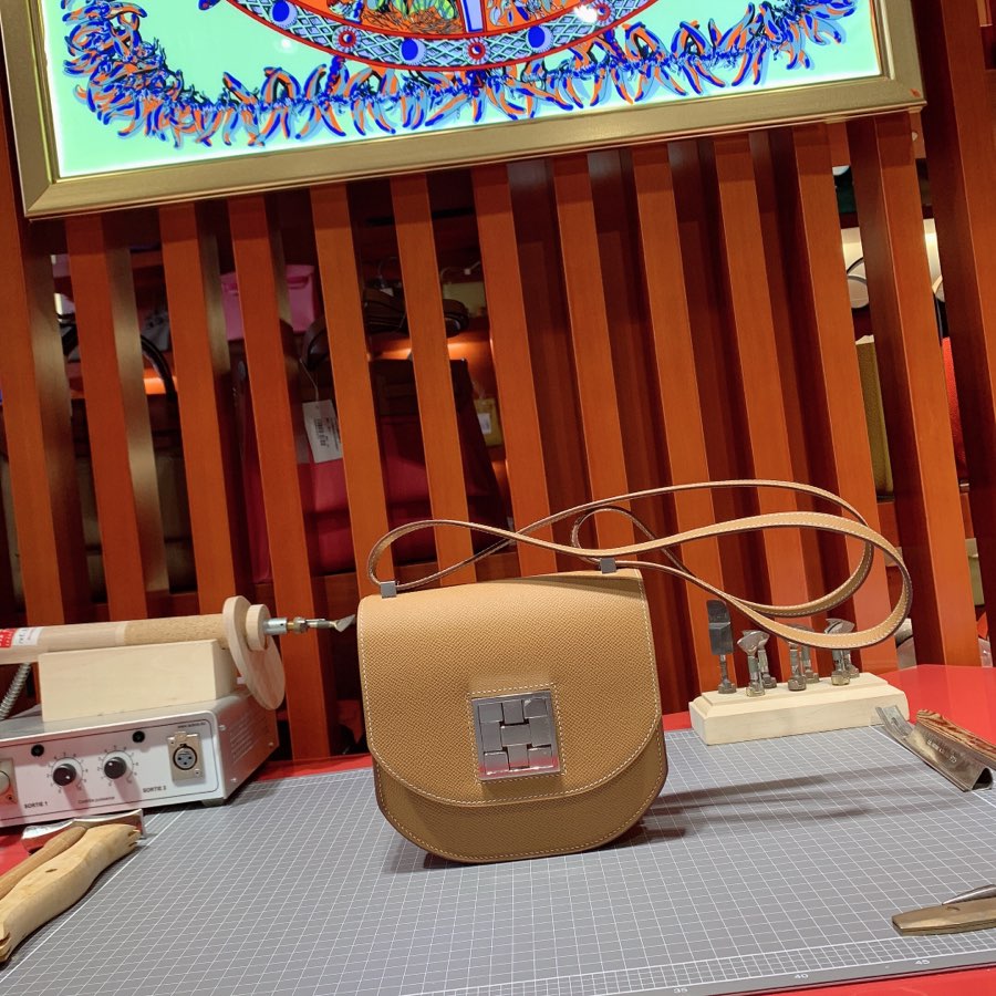爱马仕新款女包 Hermes Mosaique17CM 金棕色Epsom牛皮马赛克包 银扣