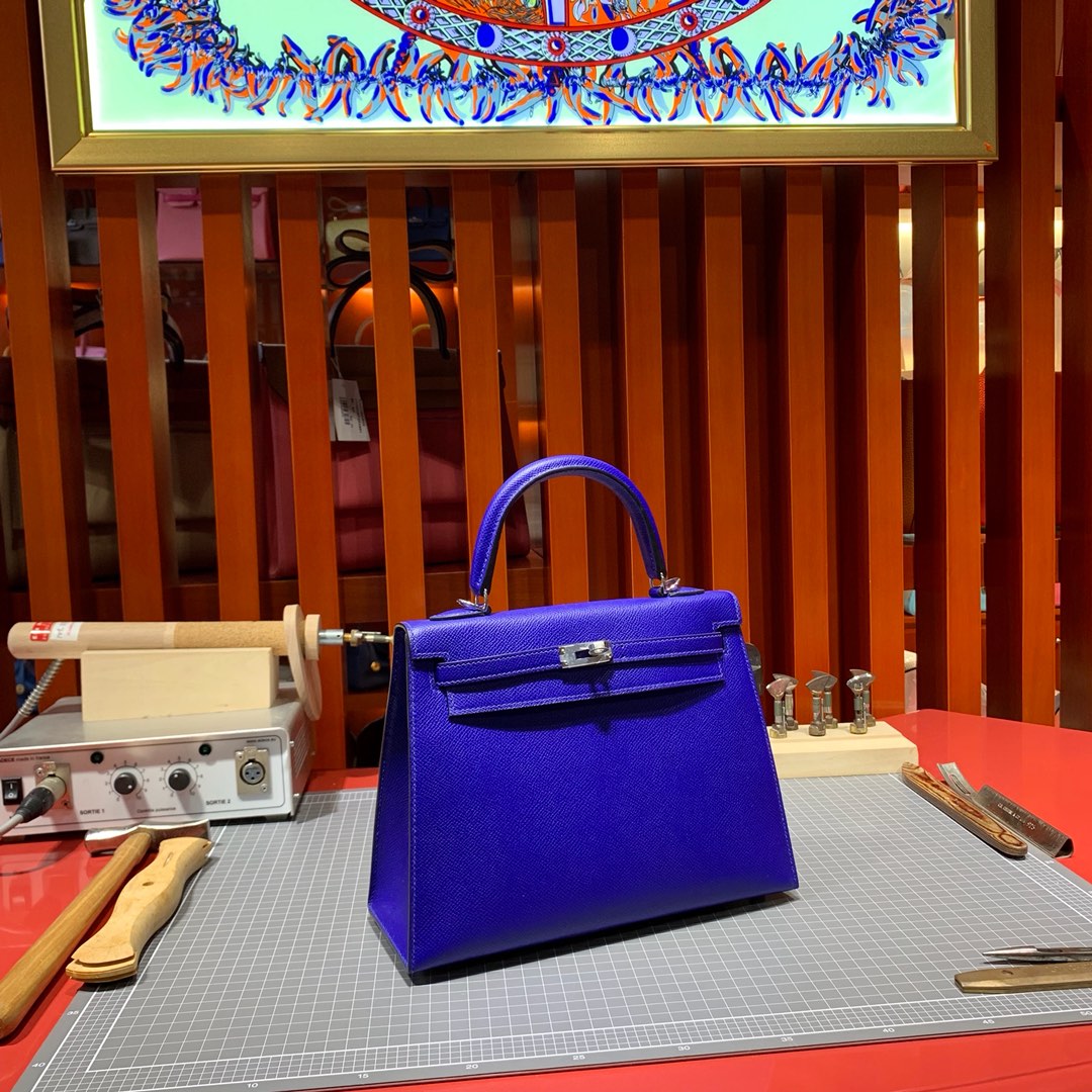 现货 Hermes Kelly25CM 爱马仕电光蓝掌纹牛皮凯莉包 金银扣