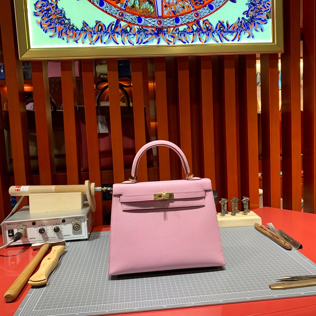 现货 爱马仕Kelly包包25CM Hermes锦葵紫Epsom皮凯莉包外缝 金扣