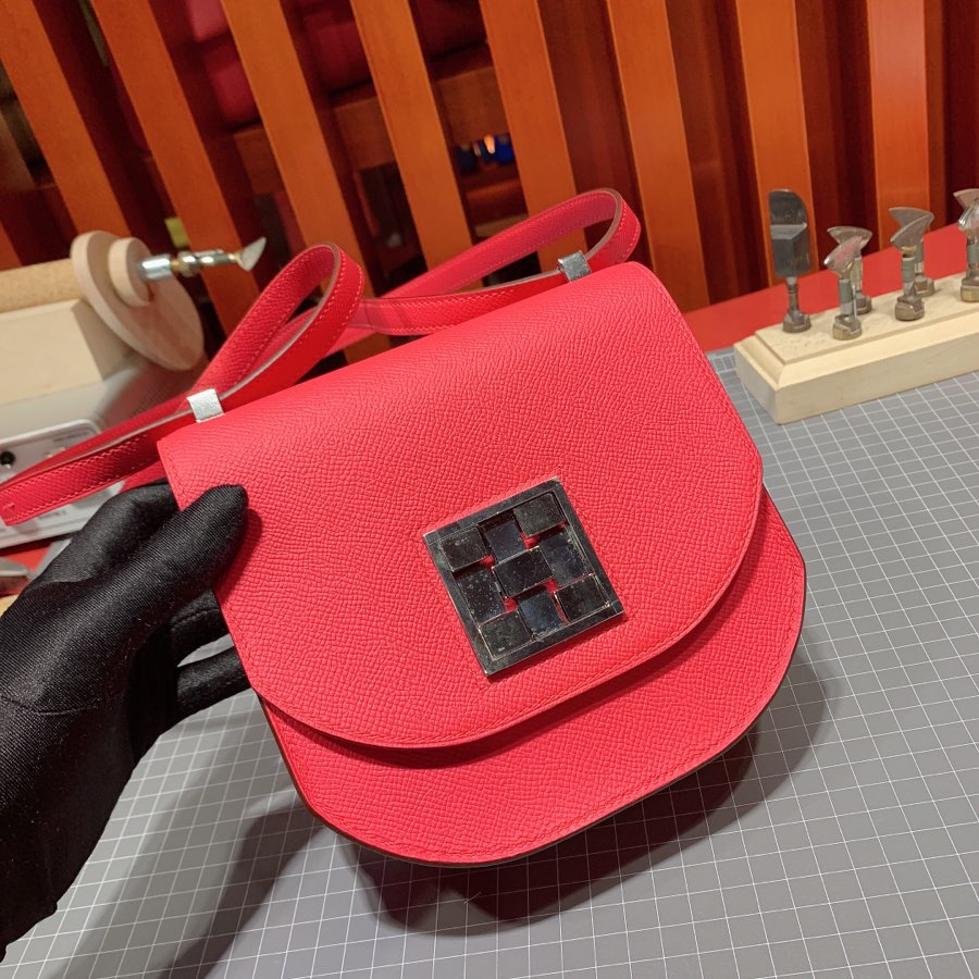 Hermes Mosaique17CM 爱马仕S3心红色手掌纹牛皮马赛克包 银扣