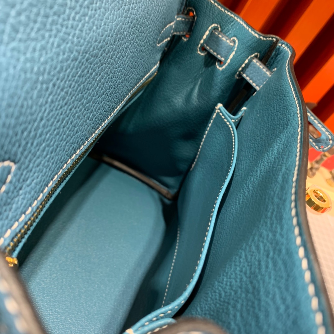 现货 爱马仕凯莉包批发 Hermes Kelly25cm 75牛仔蓝Togo皮 金扣
