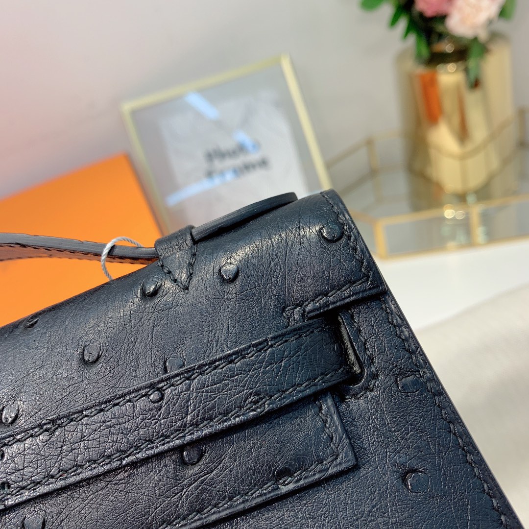现货 爱马仕迷你凯莉包一代 Hermes Minikelly22CM 89黑色KK鸵鸟皮 金扣