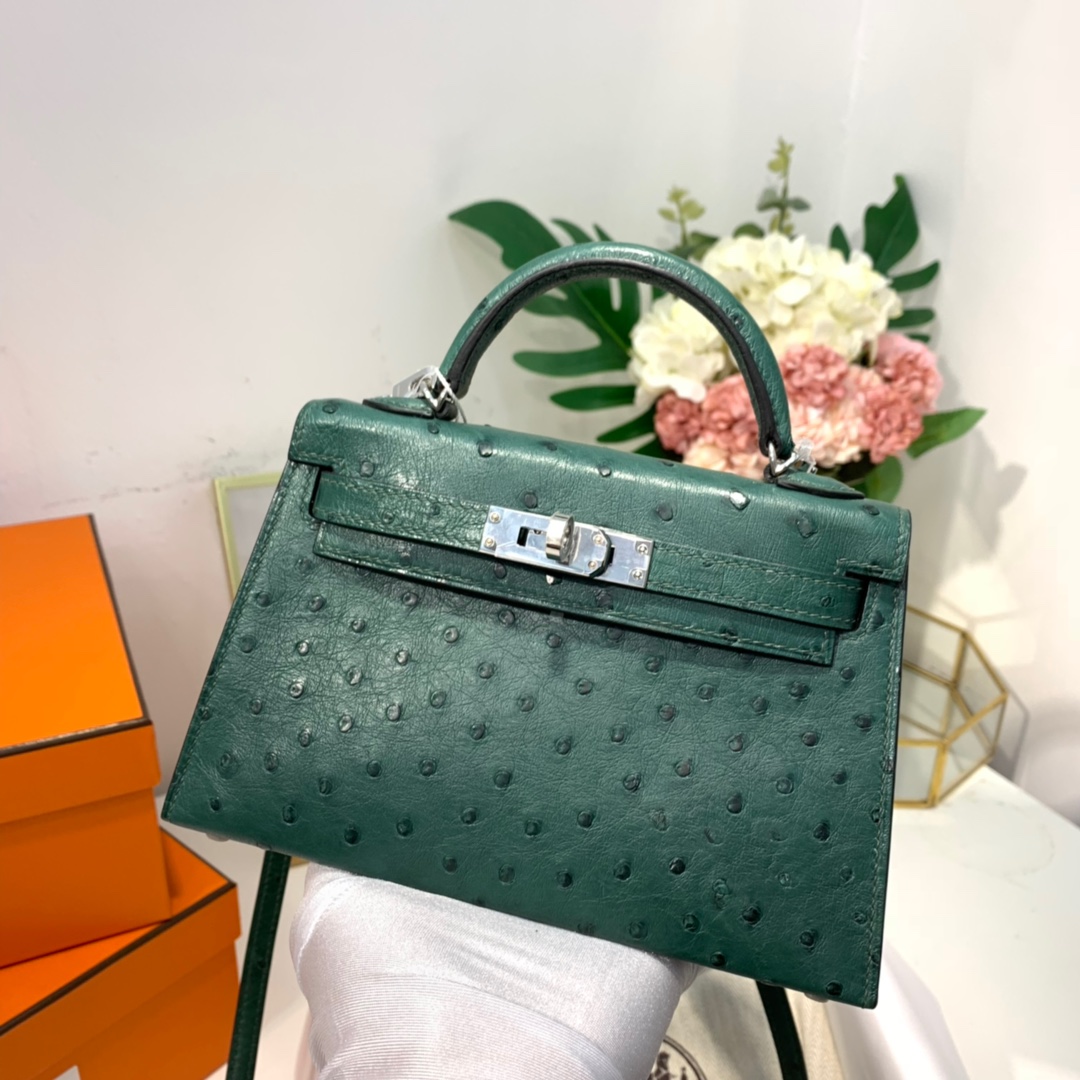 现货 爱马仕手包 Hermes Minikelly19cm 孔雀绿KK鸵鸟皮迷你凯莉包2代 银扣