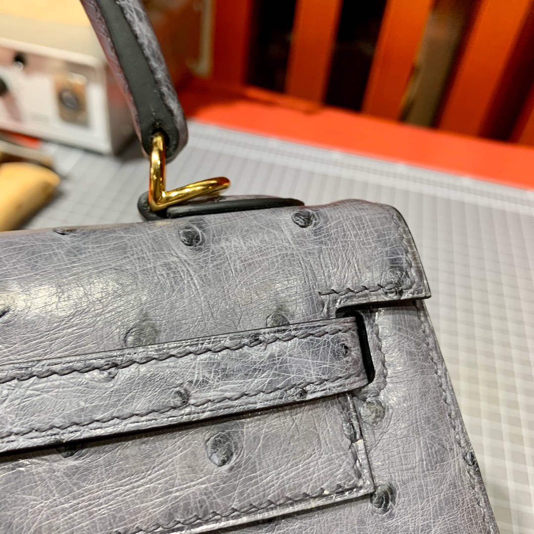 现货 爱马仕凯莉包价格 Hermes Kelly25CM 玛瑙灰KK鸵鸟皮 金扣