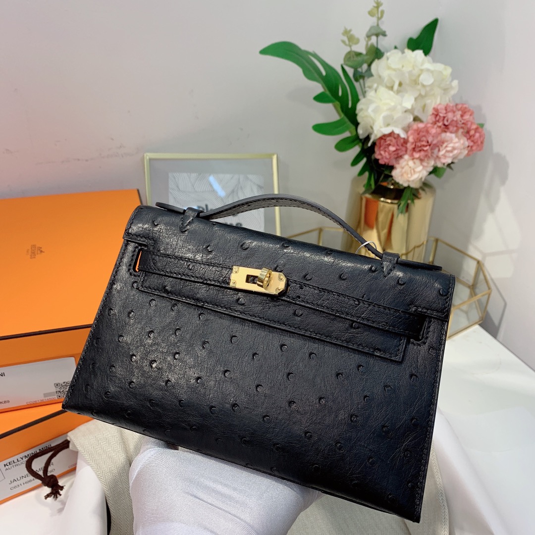 现货 爱马仕迷你凯莉包一代 Hermes Minikelly22CM 89黑色KK鸵鸟皮 金扣