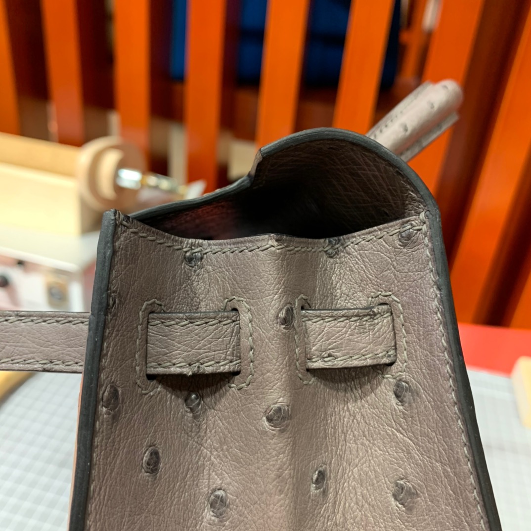 现货 Hermes Kelly25CM 爱马仕大象灰KK鸵鸟皮凯莉包 银扣