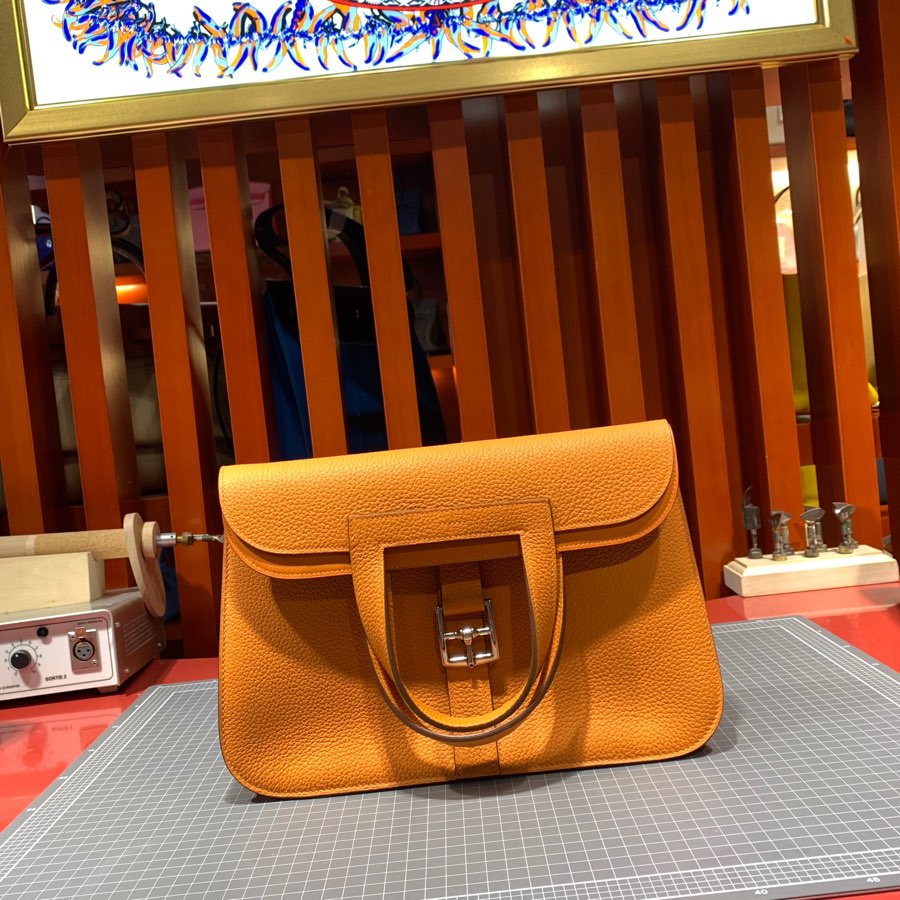 现货 爱马仕马蹄包 Hermes Halzan31CM 橙色进口Tc皮手提单肩包