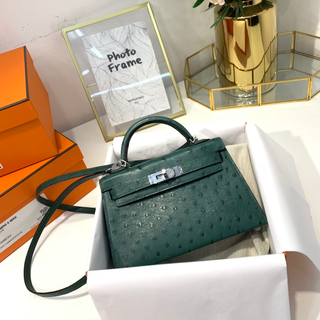 现货 爱马仕手包 Hermes Minikelly19cm 孔雀绿KK鸵鸟皮迷你凯莉包2代 银扣