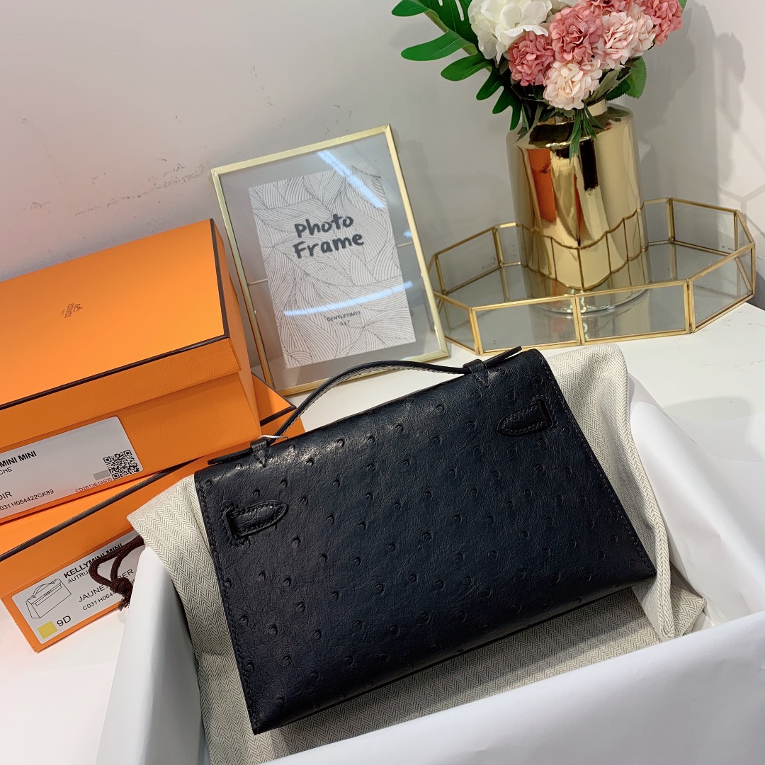 现货 爱马仕迷你凯莉包一代 Hermes Minikelly22CM 89黑色KK鸵鸟皮 金扣