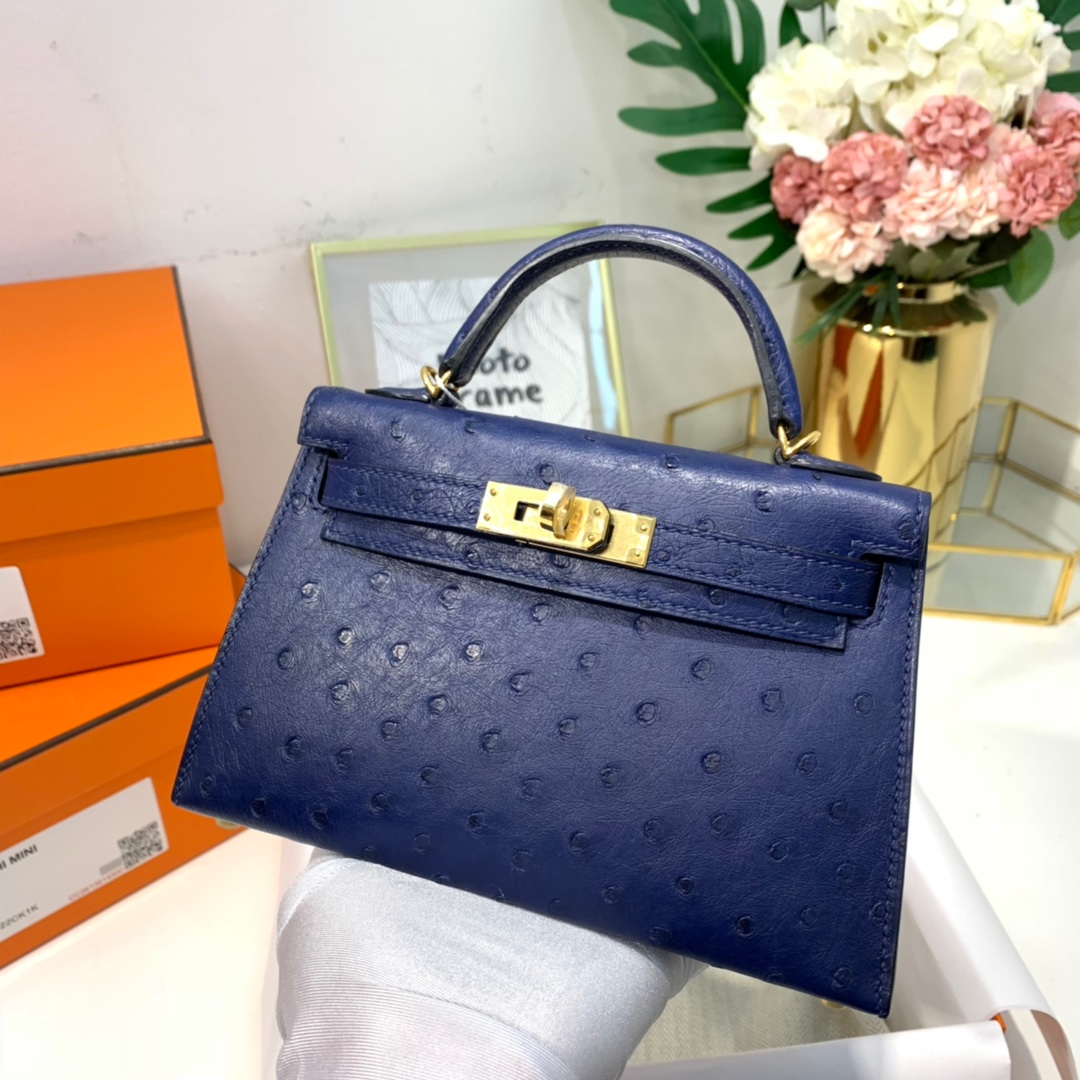 Hermes Minikelly2代 爱马仕宝石蓝KK鸵鸟皮迷你凯莉包2代 金扣