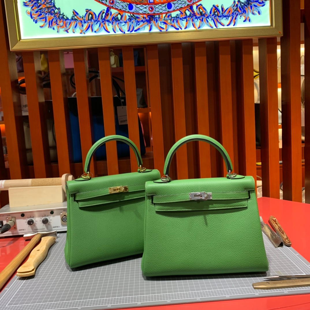 爱马仕Kelly包包 Hermes顶级Togo小牛皮64森林绿凯莉包25cm 金/银扣