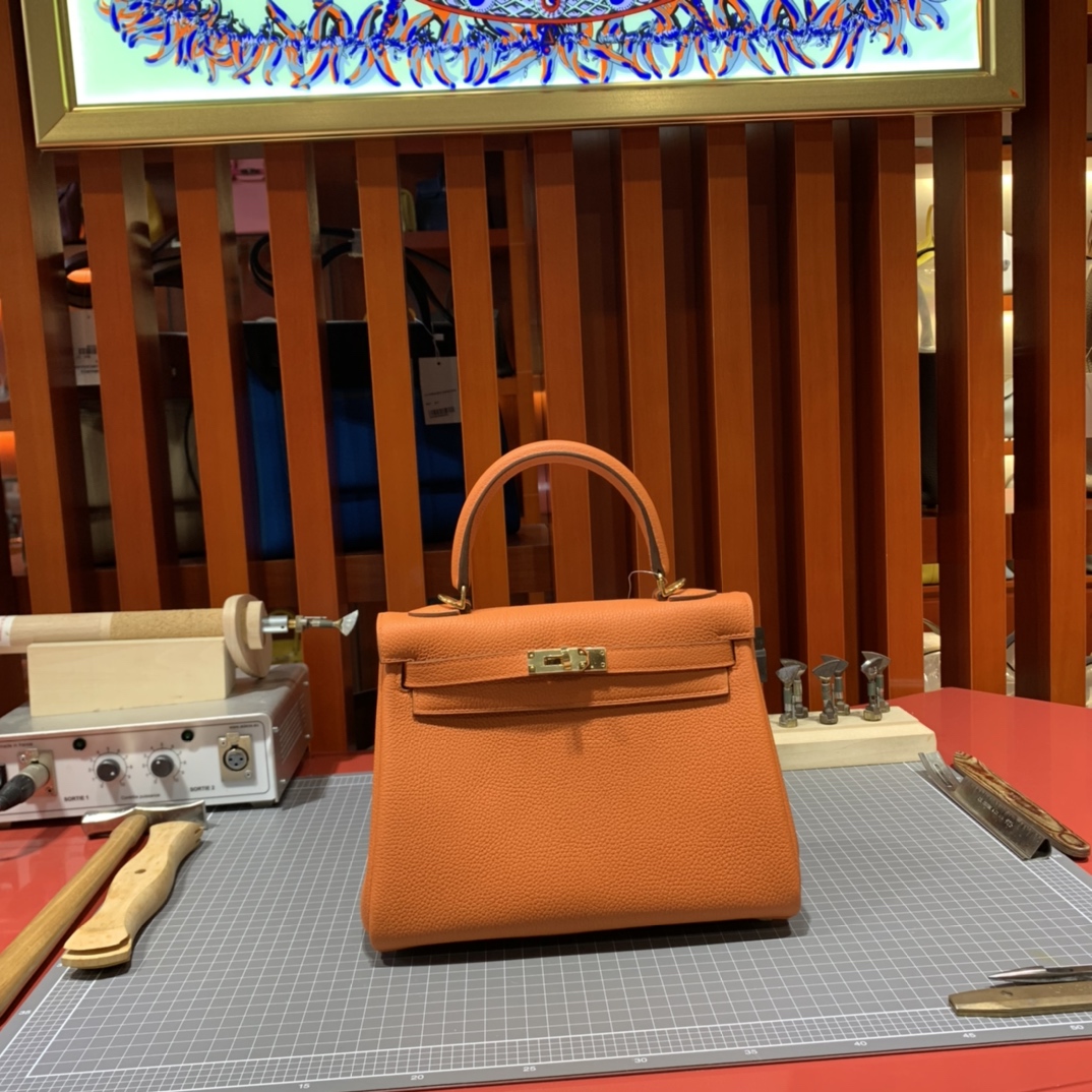 现货 爱马仕凯莉包 Hermes Kelly25CM 橙色Togo小牛皮 金扣/银扣