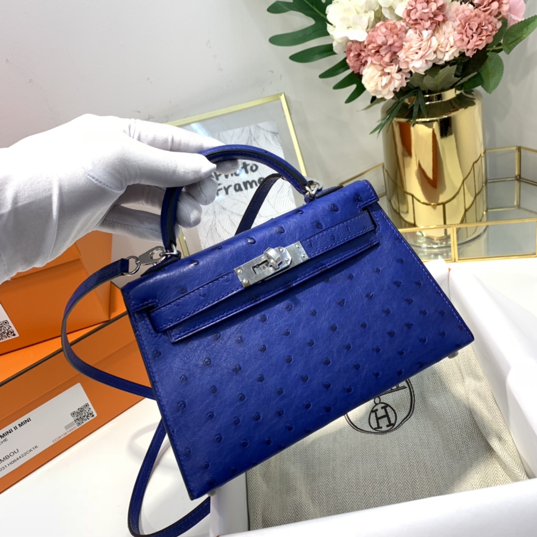 现货 爱马仕Minikelly2代手包 Hermes电光蓝KK鸵鸟皮迷你凯莉包2代 银扣