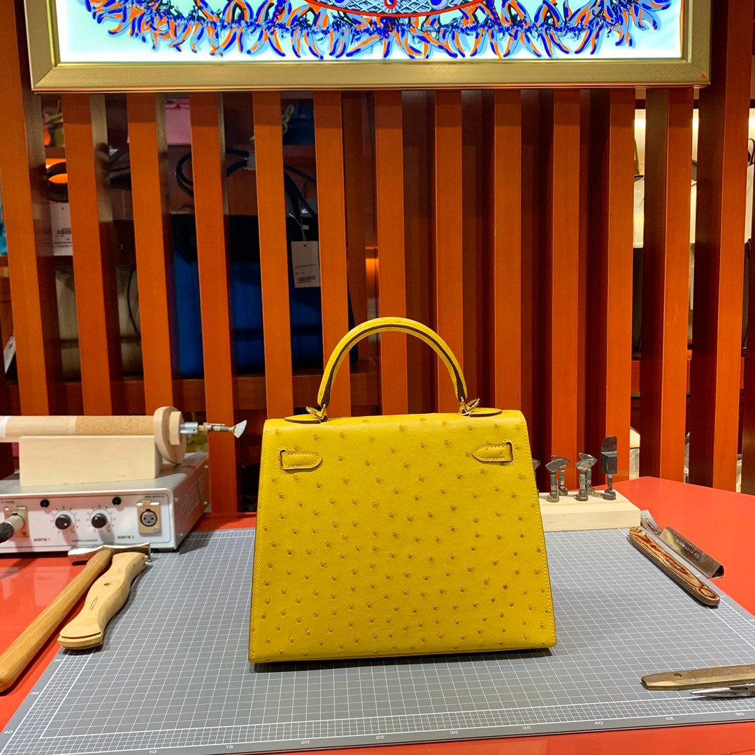 现货 爱马仕Kelly女包 Hermes琥珀黄南非KK鸵鸟皮凯莉包25CM 金扣