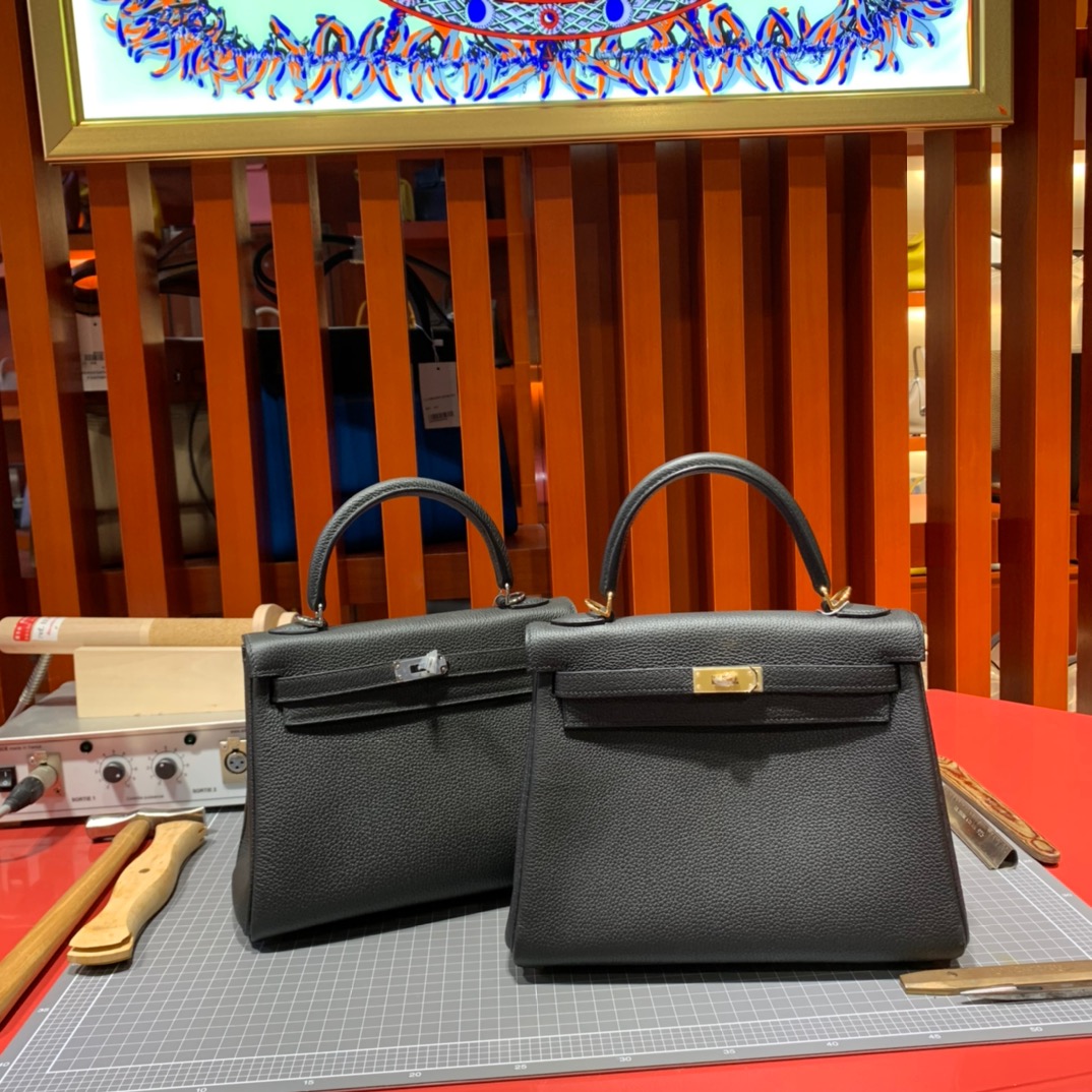 现货 爱马仕凯莉包 Hermes顶级Togo小牛皮黑色Kelly25cm 金/银扣