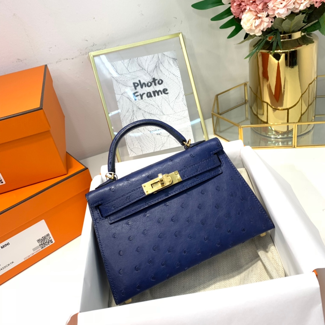 Hermes Minikelly2代 爱马仕宝石蓝KK鸵鸟皮迷你凯莉包2代 金扣