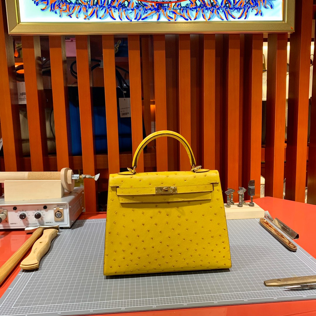 现货 爱马仕Kelly女包 Hermes琥珀黄南非KK鸵鸟皮凯莉包25CM 金扣
