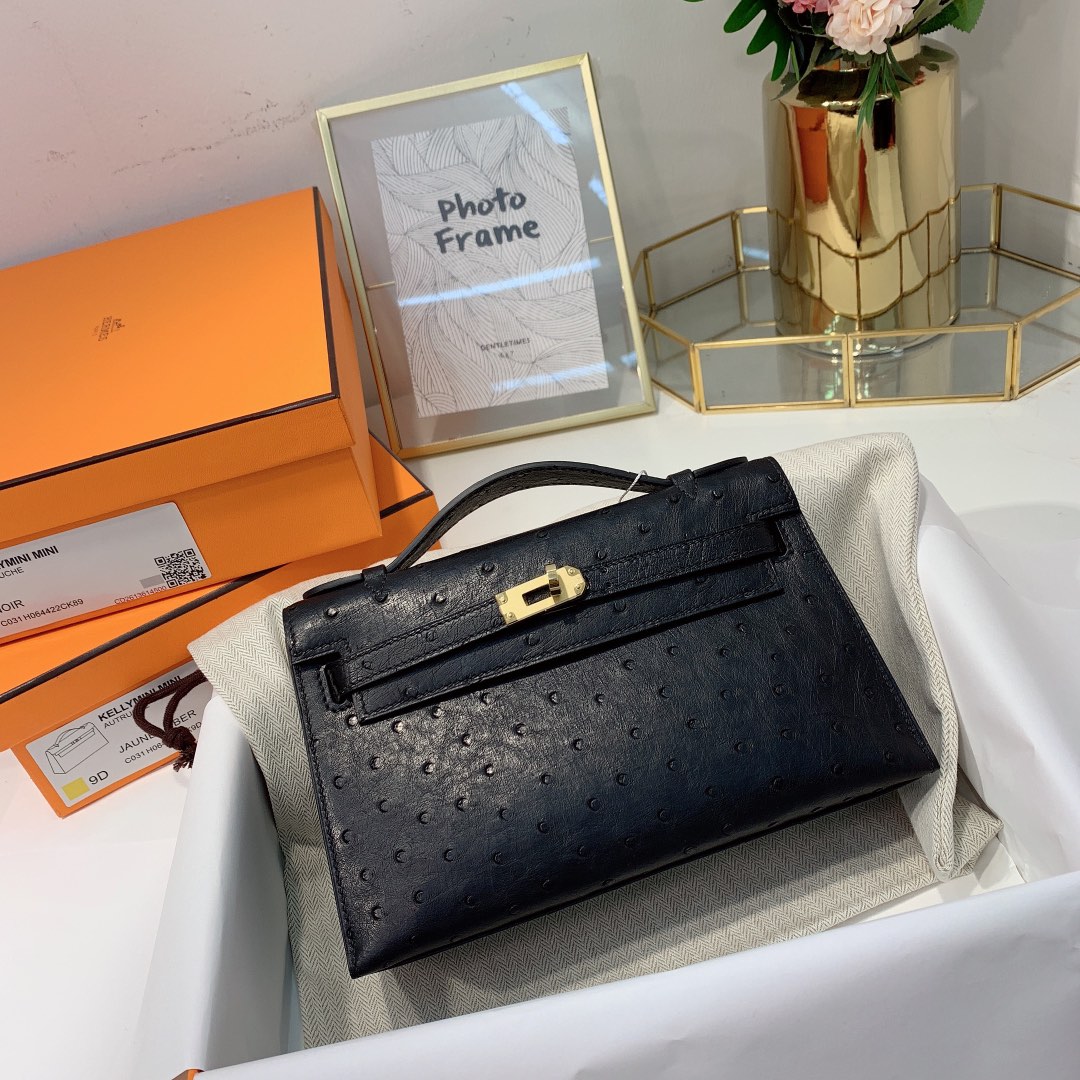 现货 爱马仕迷你凯莉包一代 Hermes Minikelly22CM 89黑色KK鸵鸟皮 金扣