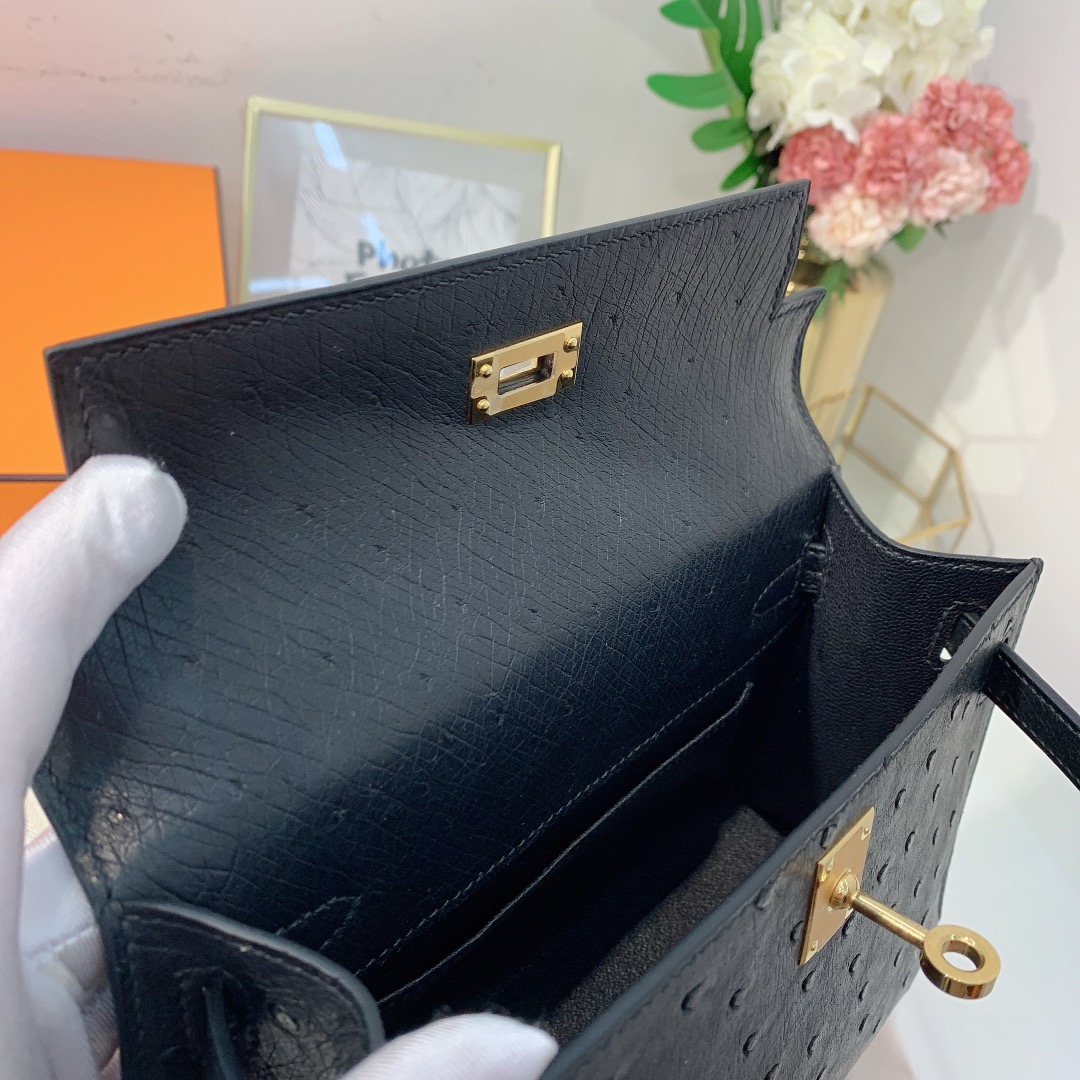 现货 爱马仕迷你凯莉包一代 Hermes Minikelly22CM 89黑色KK鸵鸟皮 金扣