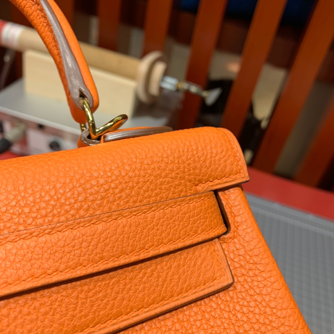现货 爱马仕凯莉包 Hermes Kelly25CM 橙色Togo小牛皮 金扣/银扣