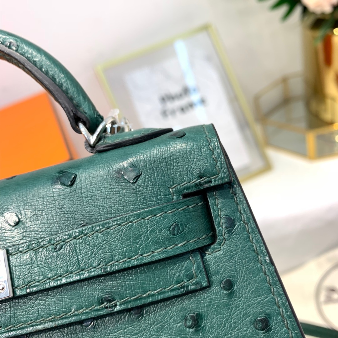 现货 爱马仕手包 Hermes Minikelly19cm 孔雀绿KK鸵鸟皮迷你凯莉包2代 银扣